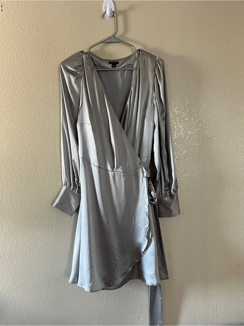 Ann Taylor silk Silver Satin Wrap Mini Dress - Picture 2 of 8